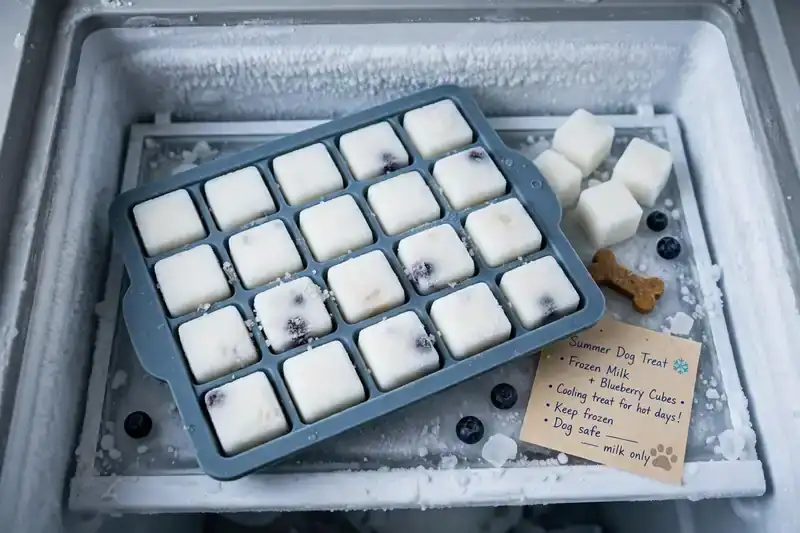 Frozen almond milk cubes in an ice cube tray