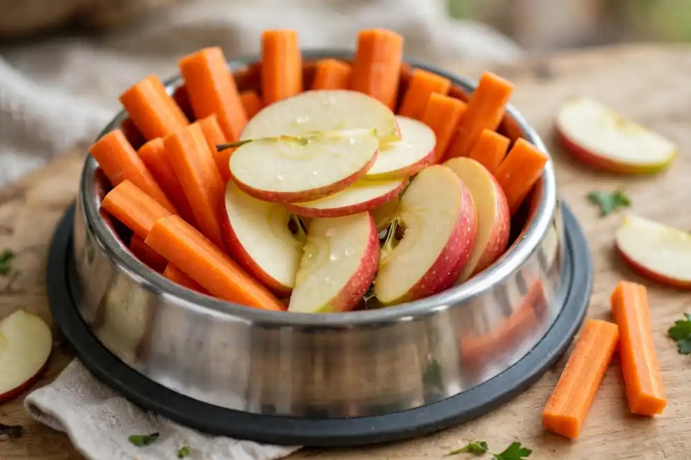 Carrot sticks and apple slices in a dog bowl as healthy treats