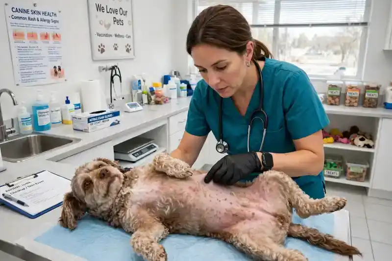 Dog with mild red rash on its belly skin