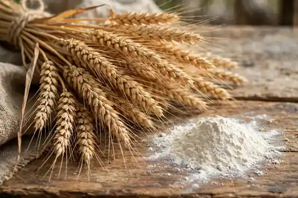 Wheat stalks and flour on a wooden table