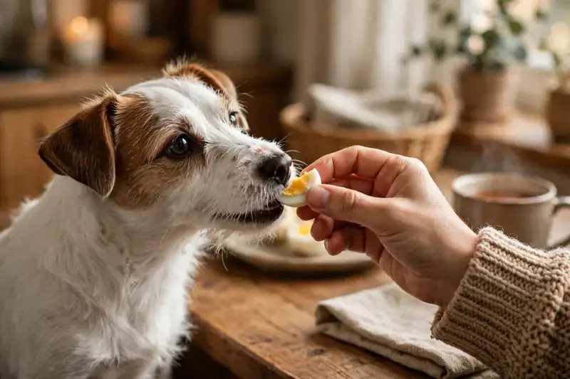 Small dog eating a piece of boiled egg from its owner's hand