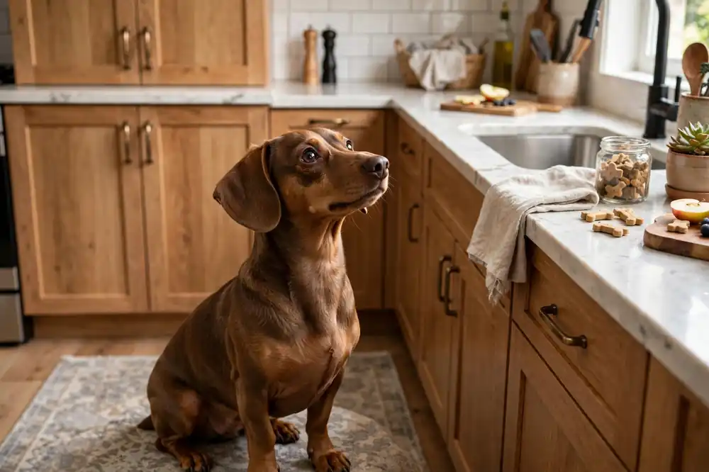 Small dog waiting for a treat in a kitchen