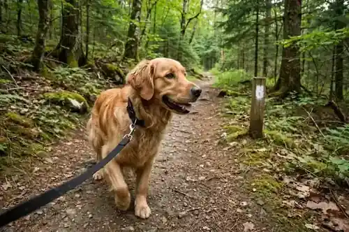 Dog on a leash staying on a marked forest trail