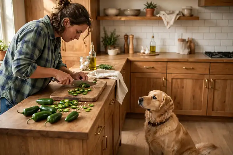 Person chopping jalapeno peppers on a high kitchen counter while a dog waits safely below