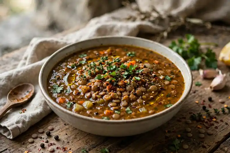 Bowl of seasoned lentil soup that dogs should not eat