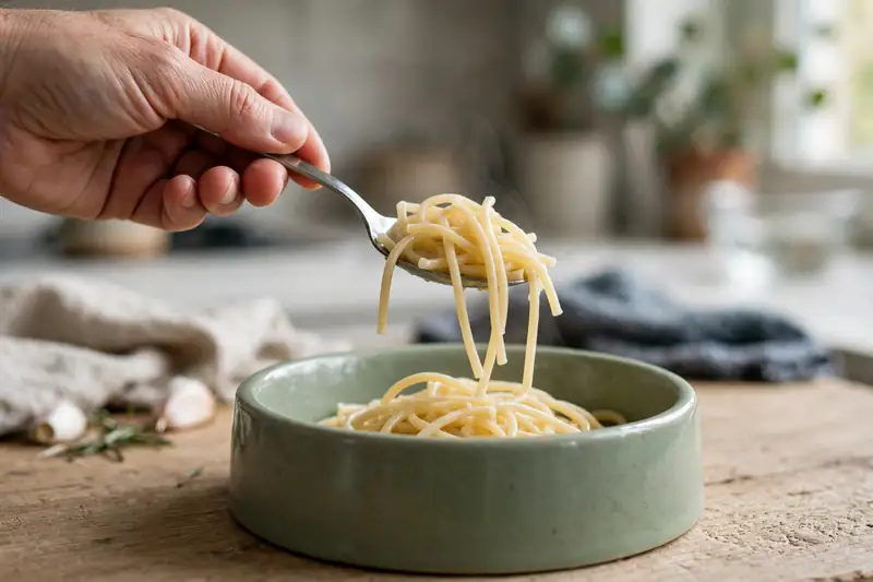 Small measured portion of plain pasta for a dog