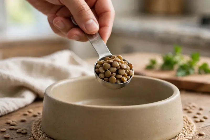 Measuring a small spoonful of cooked lentils for a dog