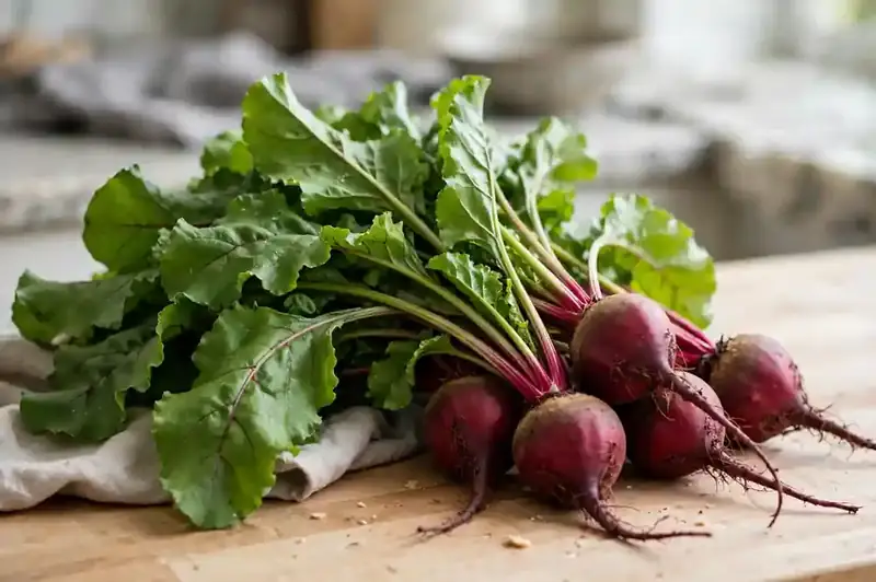Fresh beet greens still attached to red beets on a kitchen counter