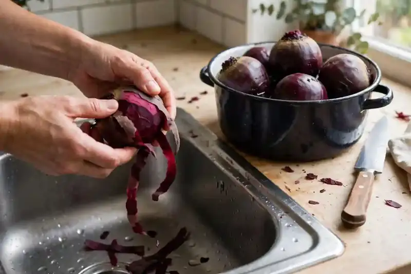 Hands peeling a boiled beet over a kitchen sink