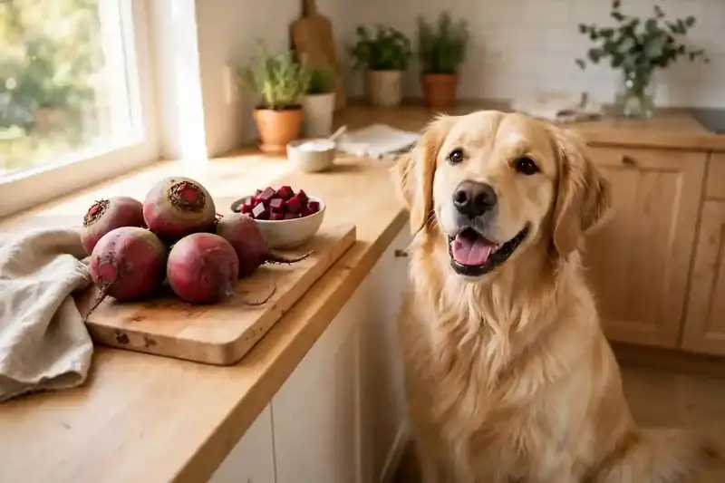 Happy golden retriever next to fresh beets and a bowl of diced cooked beets