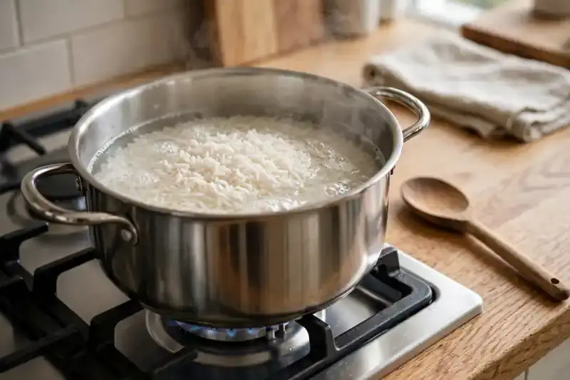 Plain jasmine rice cooking in a pot of water with no seasoning