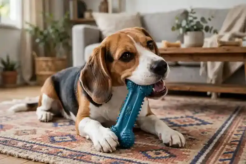 Happy beagle chewing a safe rubber dental chew toy on a rug