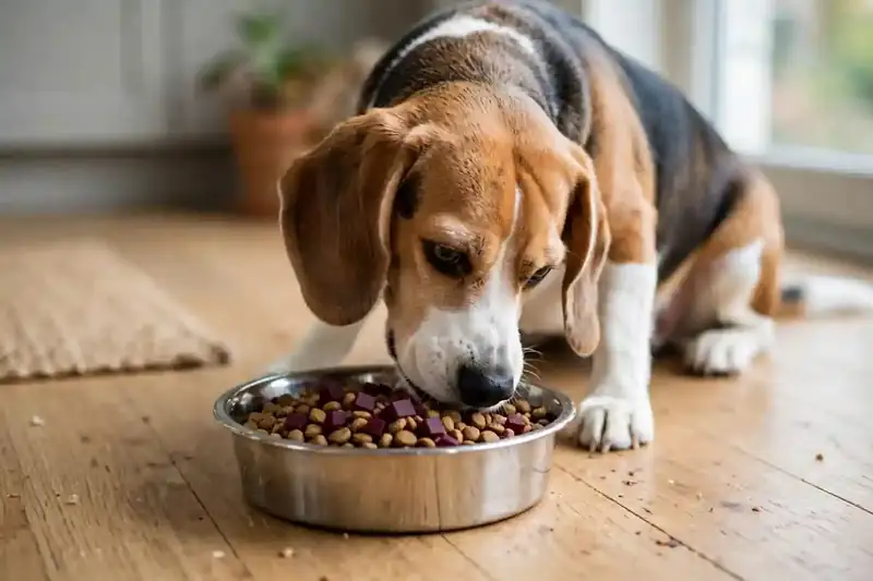 A beagle eating kibble topped with diced cooked beets from a steel bowl