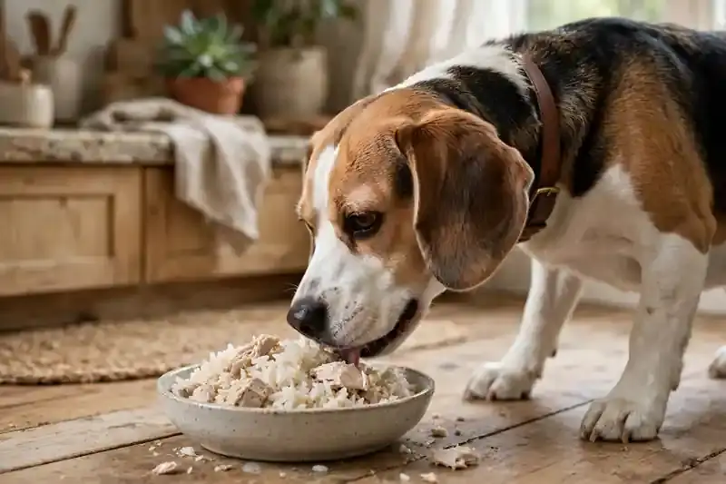 Dog eating plain jasmine rice mixed with boiled chicken