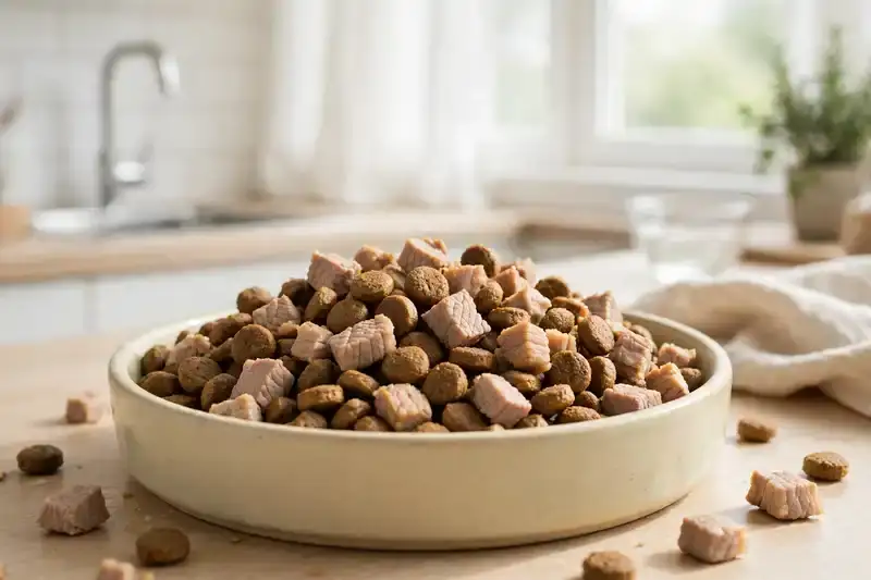 Small pieces of plain cooked boneless pork meat in a dog bowl with kibble