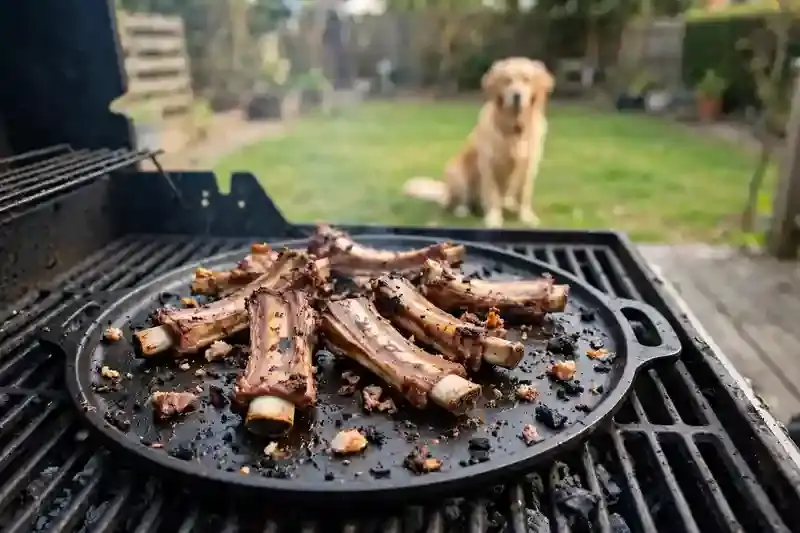 Pork rib bones left on a grill plate with a dog watching nearby