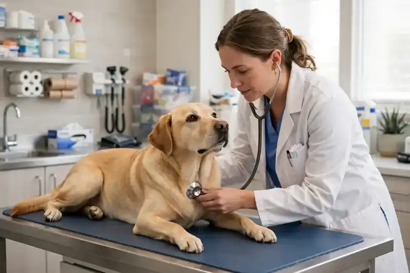 Veterinarian examining a dog at a vet clinic