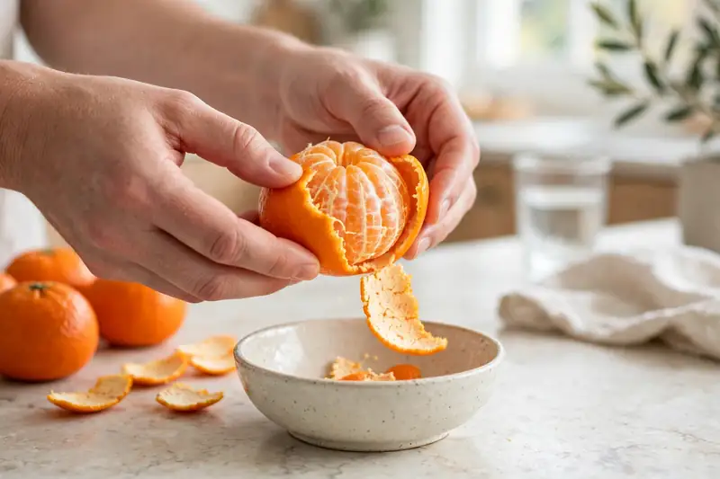 Hands peeling a mandarin orange over a bowl
