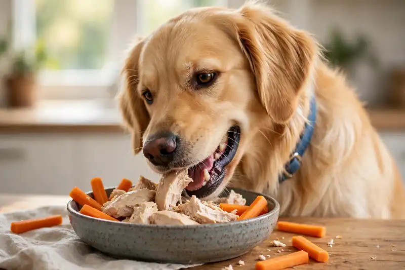 Dog eating plain cooked chicken pieces and carrot sticks from a bowl