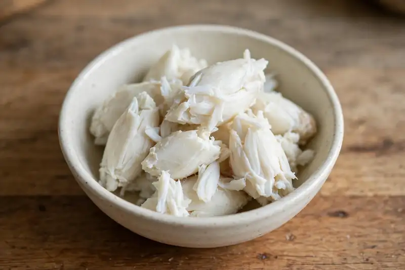 Plain steamed crab meat in a small bowl, with no seasoning or shell pieces
