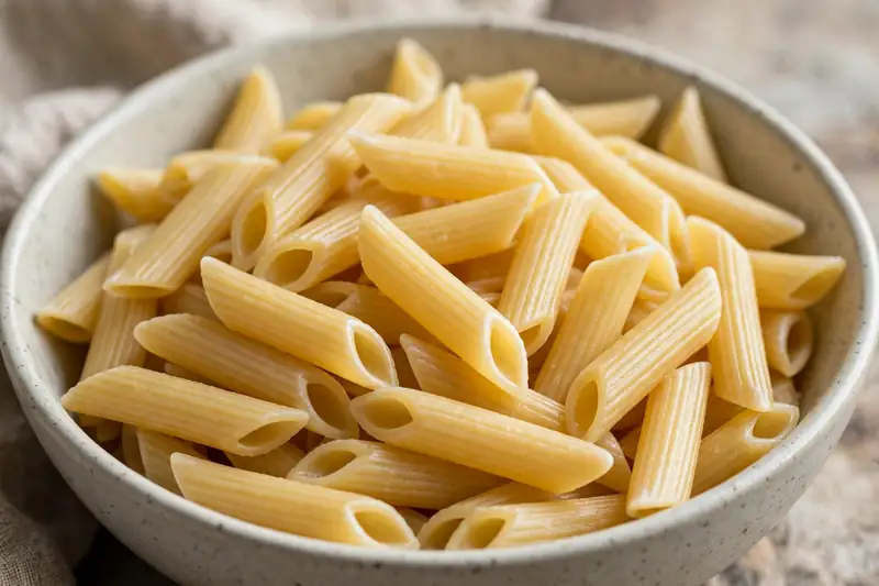 Close-up of plain cooked penne pasta