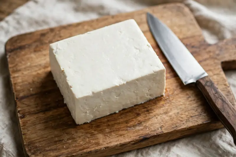 Plain white block of tofu on a cutting board