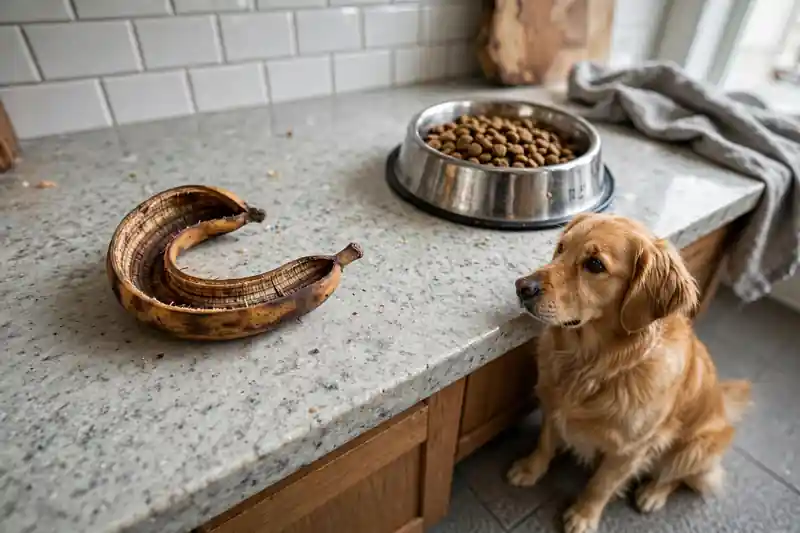 Plantain peel kept away from a dog's food bowl