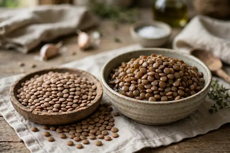 Dry raw lentils beside a bowl of cooked lentils