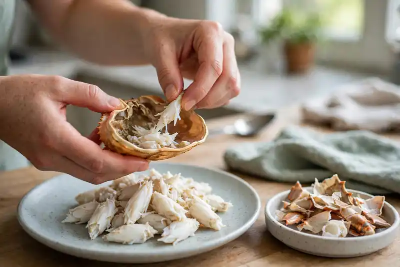 Hands carefully removing cooked crab meat from the shell before serving to a dog