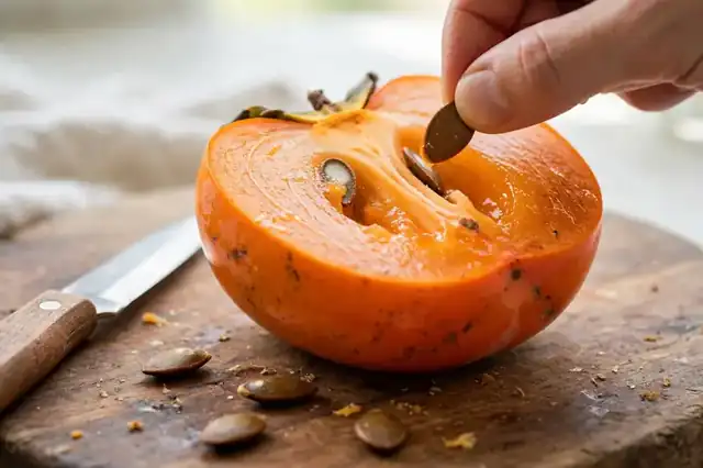 Ripe persimmon cut open on a cutting board with seeds removed