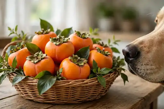 Basket of ripe orange persimmons beside a curious dog