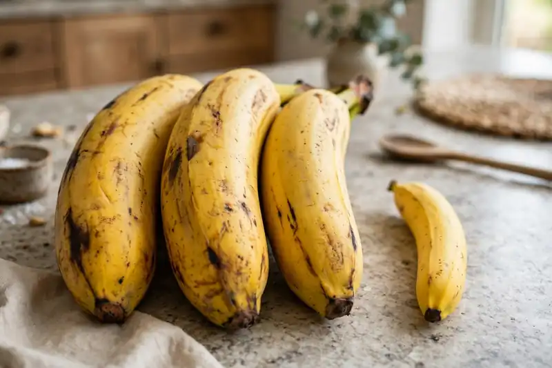 Ripe plantains beside a banana showing the size and thickness difference