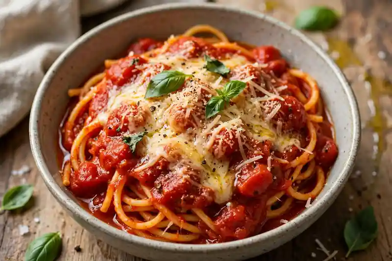 Bowl of pasta with tomato sauce that dogs should not eat