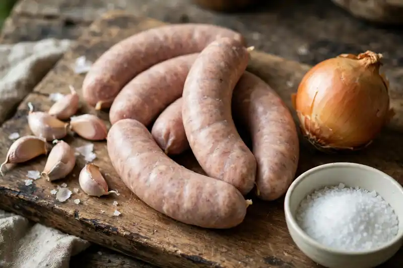 Raw sausages on a board with garlic, onion and salt