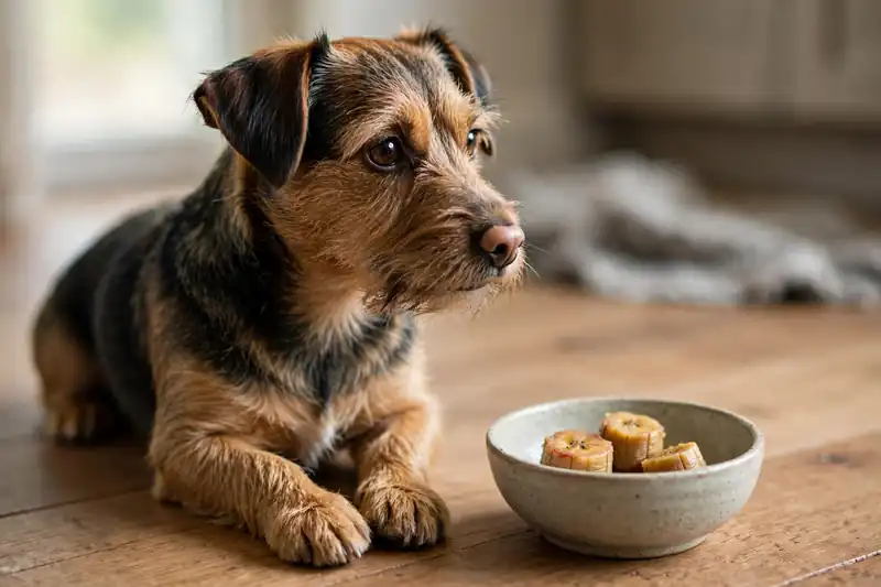 Small dog beside a bowl with a few small pieces of cooked plantain