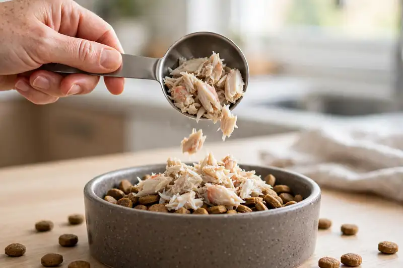 A tablespoon of plain cooked crab meat being added to a dog bowl