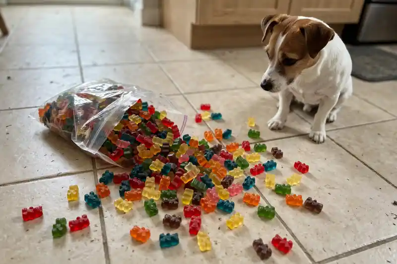 Spilled open bag of colorful gummy bears scattered on a kitchen floor with a small dog nearby