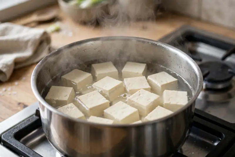 Steaming plain tofu cubes in a pot
