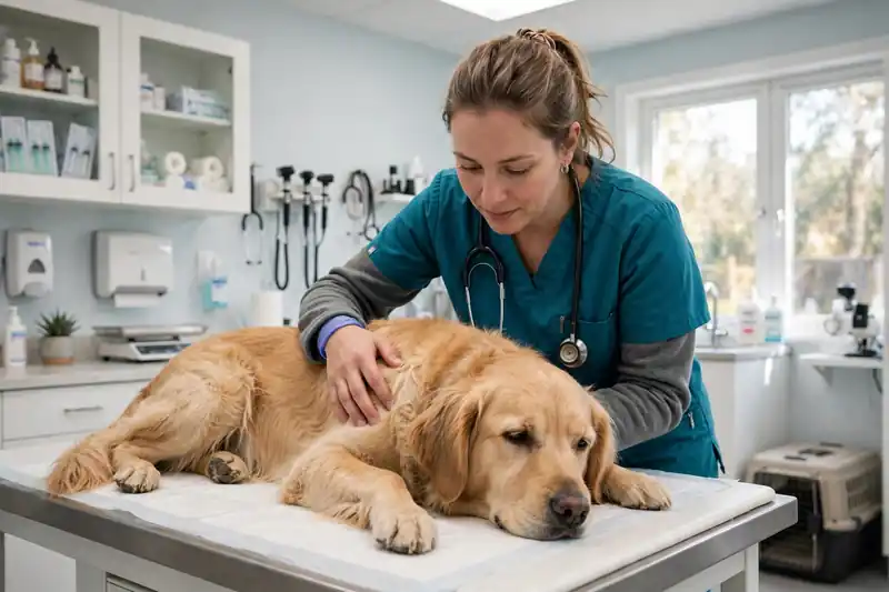Veterinarian gently examining a lethargic dog on an examination table